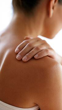 Shoulder massage neck pain back pain muscle tension wellness care human skin hand shoulder upper back relaxation self massage pain relief physical therapy body care healthy lifestyle close up soft