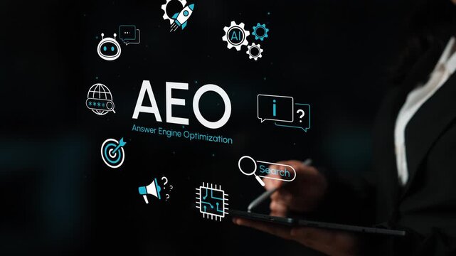 AEO Answer Engine Optimization Concept with Digital Icons and Businesswoman Viewing Information on Tablet Screen in Dark Background. Entropy.