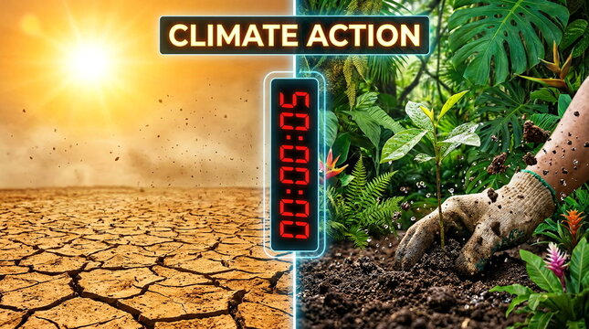 Climate action split screen comparing drought and lush forest