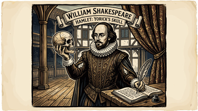 Theatrical Portrait of William Shakespeare Holding a Skull and Quill