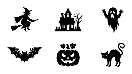 Fototapeta premium Halloween Icons Set: Witch, Ghost, Bat, Pumpkin, Black Cat, Haunted House Silhouettes