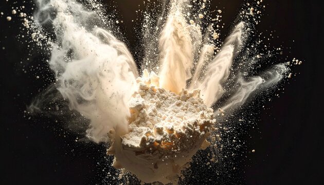 Dynamic explosion of flour white powder cloud frozen in motion on dark background abstract studio splash action