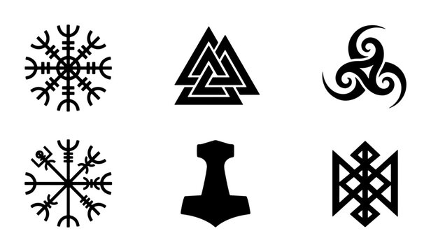 Norse Viking Symbols Set, Ancient Runes, Nordic Mythology Icons, Black and White Vector Graphics