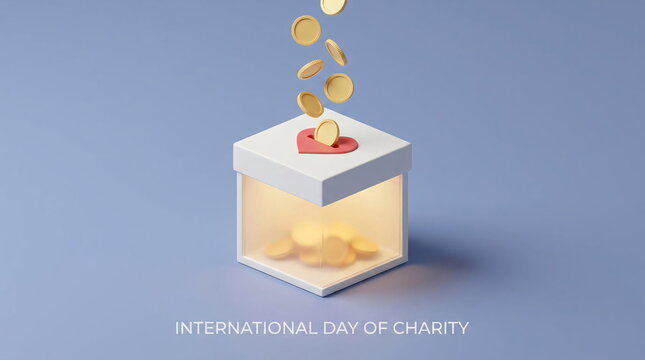 Coins falling into charity box for International Charity Day.