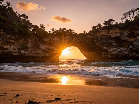 Golden Sunlight Through Broken Beach Arch at Sunset Nusa Penida