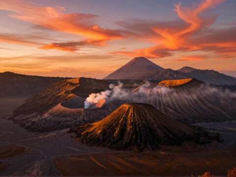 Golden Sunset Over Mount Bromo Volcano and Ash Plain