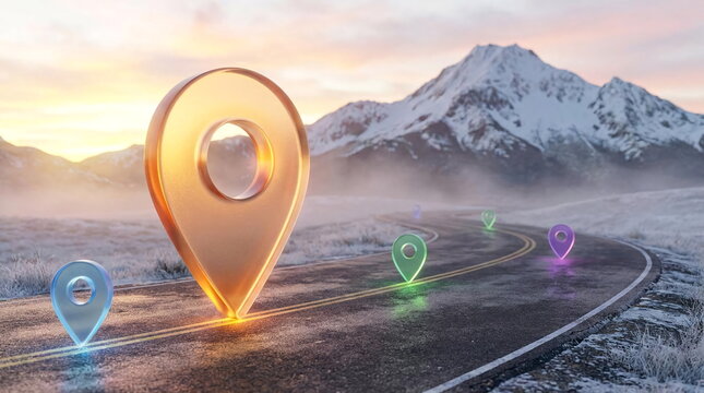 Colorful map pin icons along mountain road