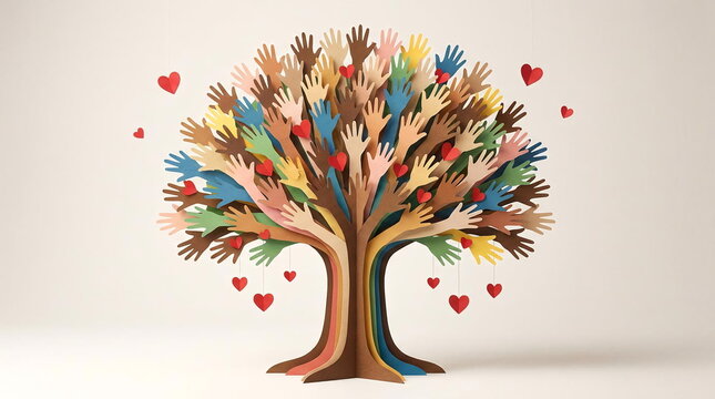 Colorful tree made of diverse hands with heart symbols.