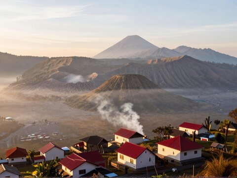 Traditional Village at Foot of Mount Bromo Volcano at Sunrise