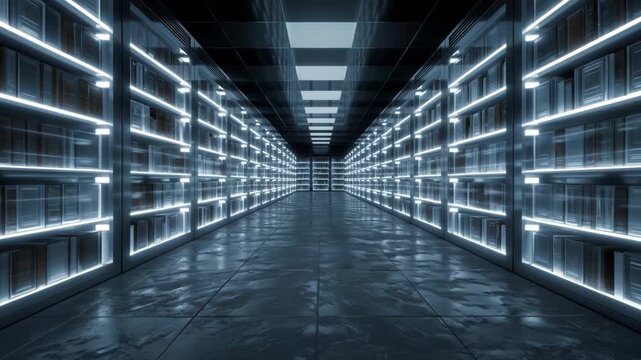 Futuristic data center corridor with glowing server racks and illuminated shelves, reflective floor, modern technology space