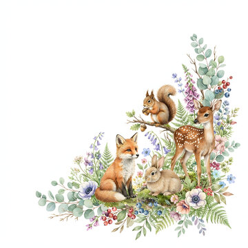 Watercolor woodland forest animals floral corner clipart with deer fox squirrel rabbit and wildflowers isolated on white background