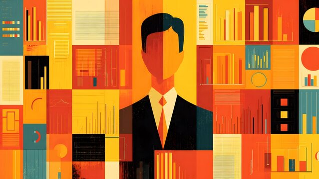 Abstract illustration of businessman surrounded by various data visualizations, charts, and graphs, representing business intelligence and performance analytics.