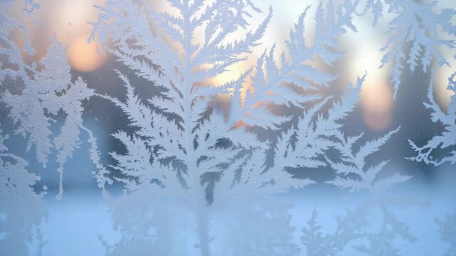 Close-up view of snowflakes etched onto a frosty window pane.