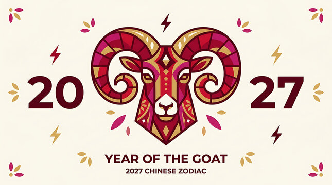 2027 chinese new year of the goat zodiac sign illustration, stylized ram head with geometric patterns, festive greeting card design isolated on white background