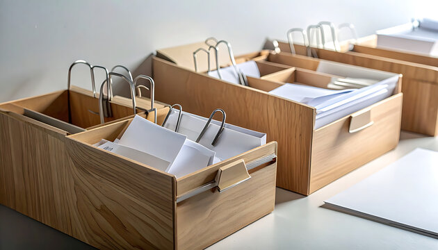 Wooden file boxes with metal handles.