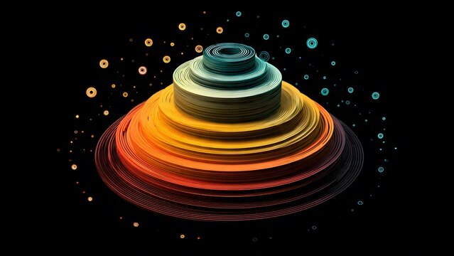 Stacked circular abstract sculpture with colorful layered rings ascending in a pyramid shape on black background with floating orbs.