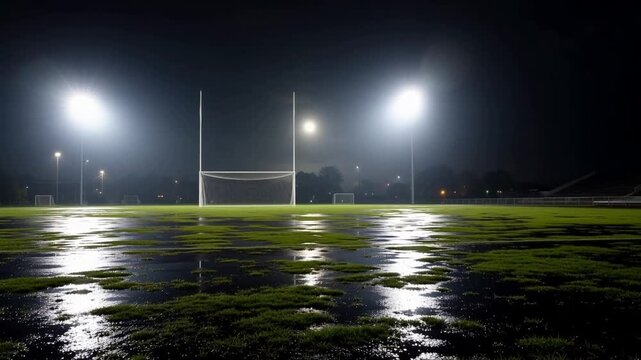 Flooded rugby field at night illuminated by stadium lights