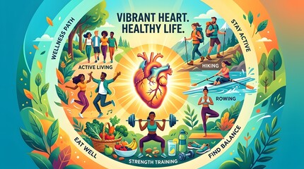 Naklejka premium Vibrant heart illustration representing a healthy life infographic showcasing diverse people engaged in various wellness activities like hiking rowing 