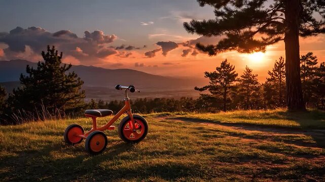 Childhood Dreams at Dusk: An abandoned child's tricycle sits in a grassy clearing, silhouetted against a breathtaking sunset with rolling hills and pine trees in the background.