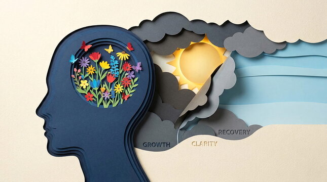 Conceptual paper art head silhouette with blooming flowers.