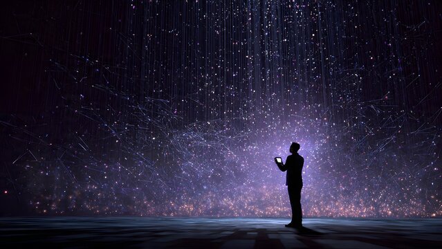 Silhouette of man holding tablet computer in vast futuristic digital space with glowing particles and light streams dark background.