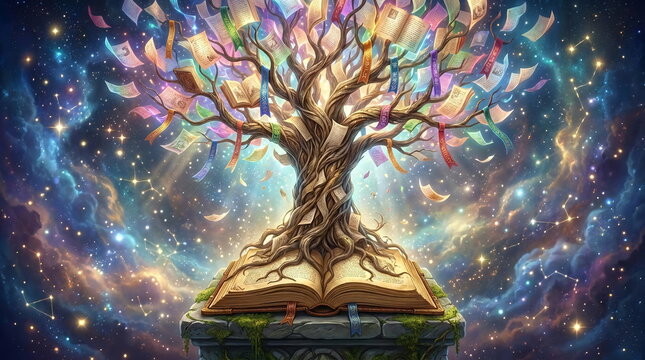 Cosmic tree of knowledge growing from open book.