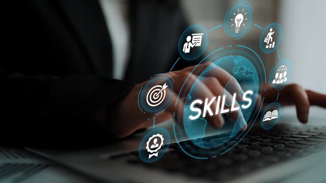 Business Professional Using Laptop with Skills Icon Overlay for Digital Learning and Professional Development in Modern Office Environment. Entropy.