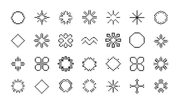 Pixel art geometric shapes, circles, diamonds, stars, modern abstract symbols, vector illustration.