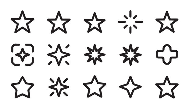 Outline star icons collection simple line art stars representing ratings and awards in various clean styles.