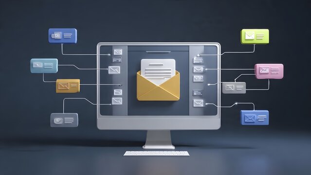 Three dimensional render of computer workstation showing central email envelope connected to multiple colorful message icons representing global networking and cloud communication technology.