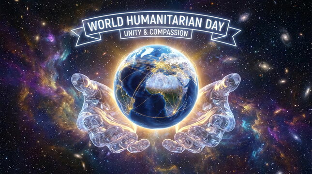 Crystal hands holding Earth for World Humanitarian Day.