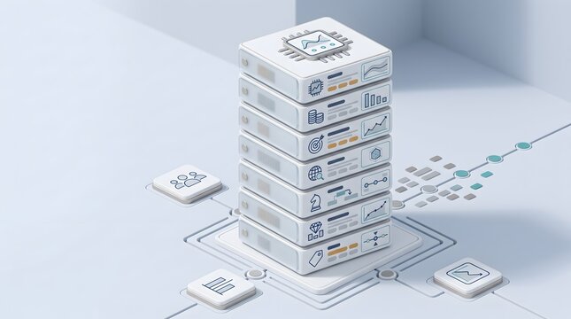 Cloud computing server rack isometric visualization displaying business intelligence database and enterprise software architecture