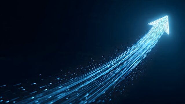 Abstract image of upward glowing arrow with long light trails and particles, symbolizing growth, progress, and success on dark background.
