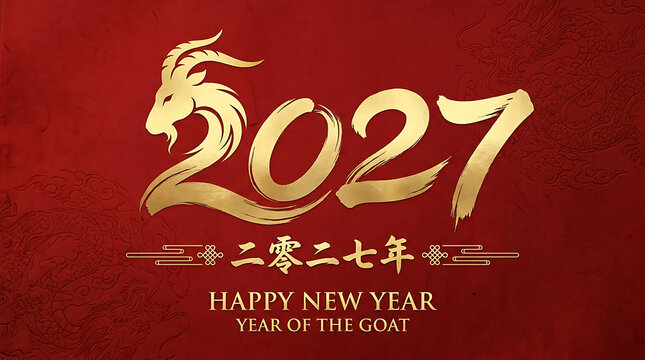 2027 year of the goat chinese new year greeting card with golden calligraphy and dragon pattern on red background
