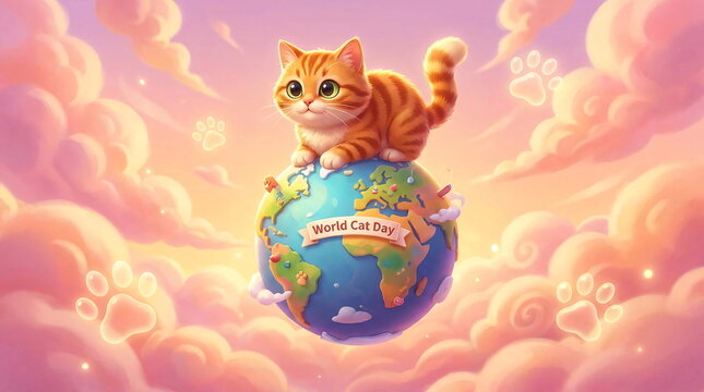 Cute kitten on Earth globe against pink sky.