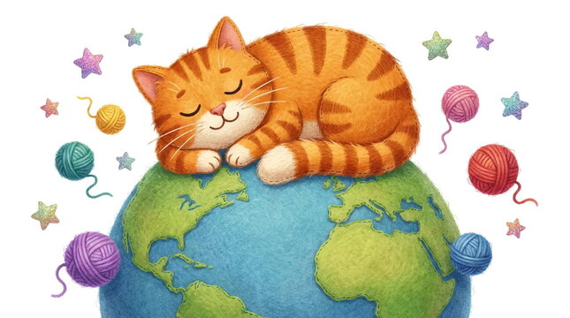 Cute ginger cat sleeping peacefully on globe with yarn