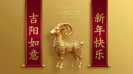 Obraz premium Golden goat statue for chinese new year 2027 with traditional red scrolls and text