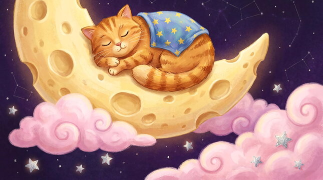 Cute orange cat sleeping on crescent moon in starry sky.