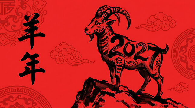 Chinese new year 2027 year of the goat illustration with traditional ink wash painting style goat standing on a rock against a red background