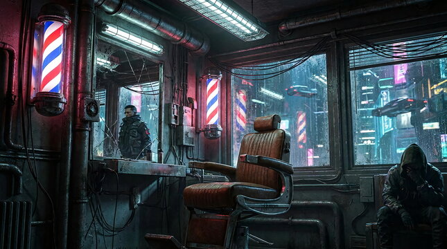 Cyberpunk barbershop interior with neon lights and industrial pipes.