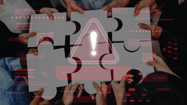 A diverse group of individuals engages in collaboration using puzzle pieces while a warning icon and digital graphics emphasize problem solving and decision making. Raster