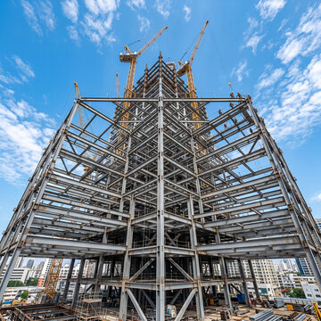 Skyscraper construction site with cranes, steel frame, and blue sky