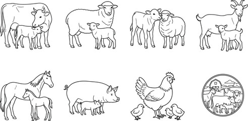 Obraz premium Farm Animals with Baby Animals Line Art Vector Set Featuring Cow, Sheep, Goat, Horse, Pig, Hen, and Farm Emblem