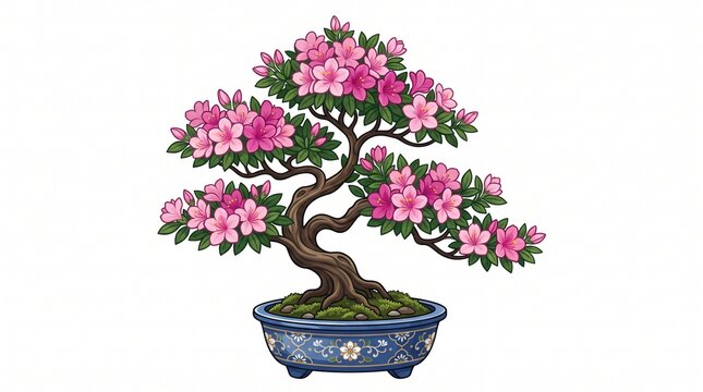 "AZALEA BONSAI FLOWER ILLUSTRATION". Digital art of a pink blooming azalea bonsai with lush green leaves and twisted trunk in a blue patterned ceramic pot with moss. Clean white background. Perfect fo