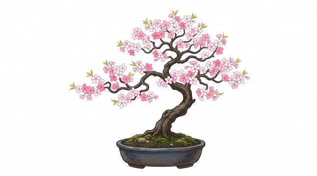 "CHERRY BLOSSOM BONSAI ILLUSTRATION". Digital art of a flowering sakura bonsai with pink and white blooms, twisted trunk, and mossy base in a blue ceramic pot. Clean white background. Perfect for spri