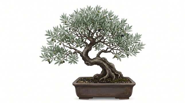 "OLIVE BONSAI TREE ILLUSTRATION". Detailed art of a gnarled olive bonsai with silvery-green leaves and black olives in a rectangular brown ceramic pot with moss and stones. Clean white background. Per