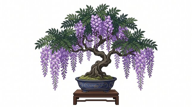 "WISTERIA BONSAI ILLUSTRATION". Digital art of a twisted trunk bonsai with cascading purple flowers and green leaves in an ornate blue ceramic pot on a wooden stand. Clean white background. Perfect fo