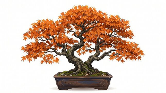 "AUTUMN MAPLE BONSAI ILLUSTRATION". Digital art of a twin-trunk Japanese maple bonsai with vibrant orange leaves in a rustic brown rectangular pot. Clean white background. Perfect for fall decor, Japa