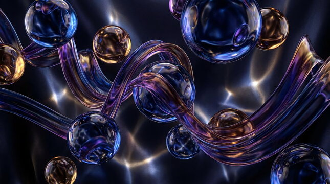 Dark abstract glass spheres and metallic tubes background.
