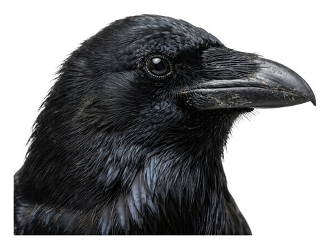 Detailed black raven head with sharp beak and glossy plumage gazing sideways isolated transparent background image